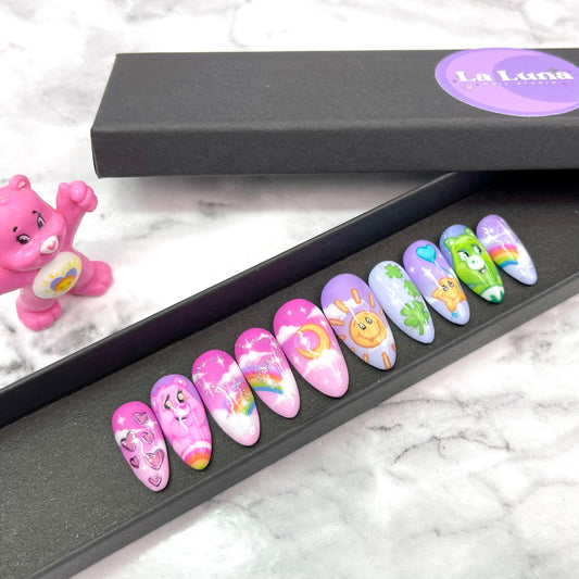 Care Bears handpainted design press on nail set in almond shape and medium size.