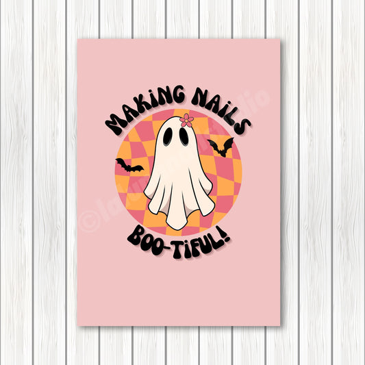 Making Nails Boo-tiful A4 art print featuring a cute ghost and bats