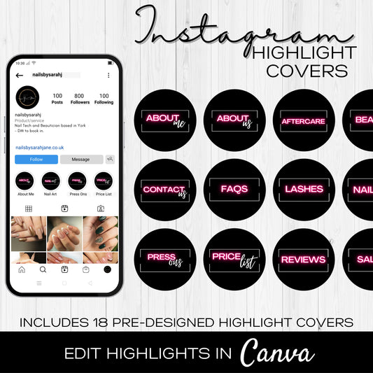 Neon Pink and black Instagram Highlight Covers Template