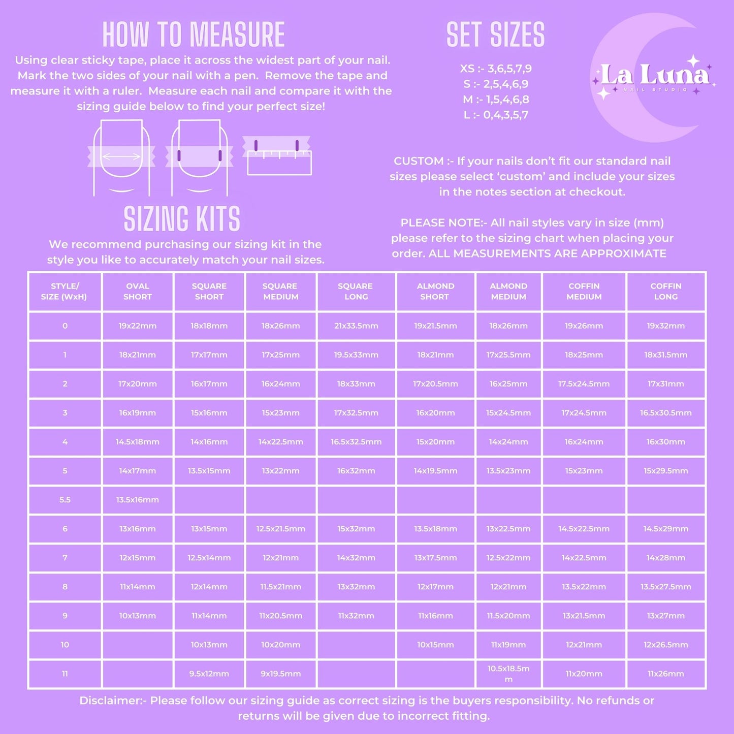 A graphic table showing how to measure your nails for our press on nails