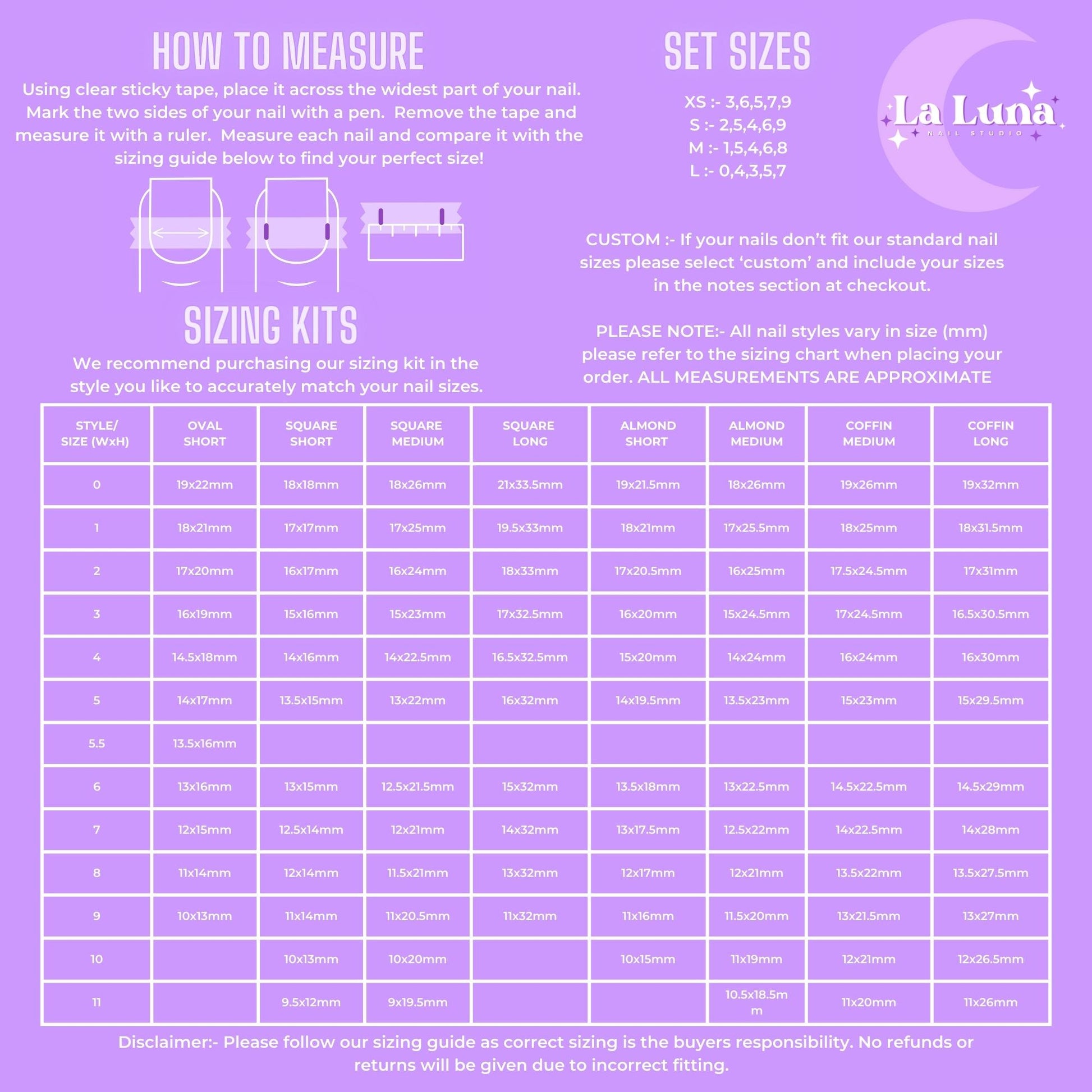 Sizing guide with press on nails measurements