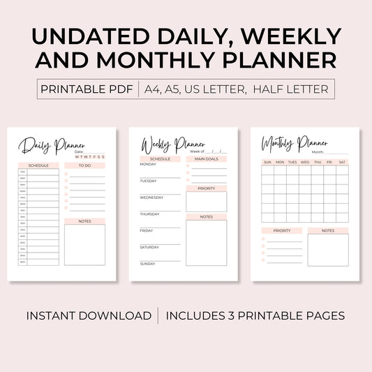 Minimalistic Undated Planner PDF Printable including Daily, Weekly and Monthly pages.  It includes A4, A5, US Letter and Half Letter page sizes.