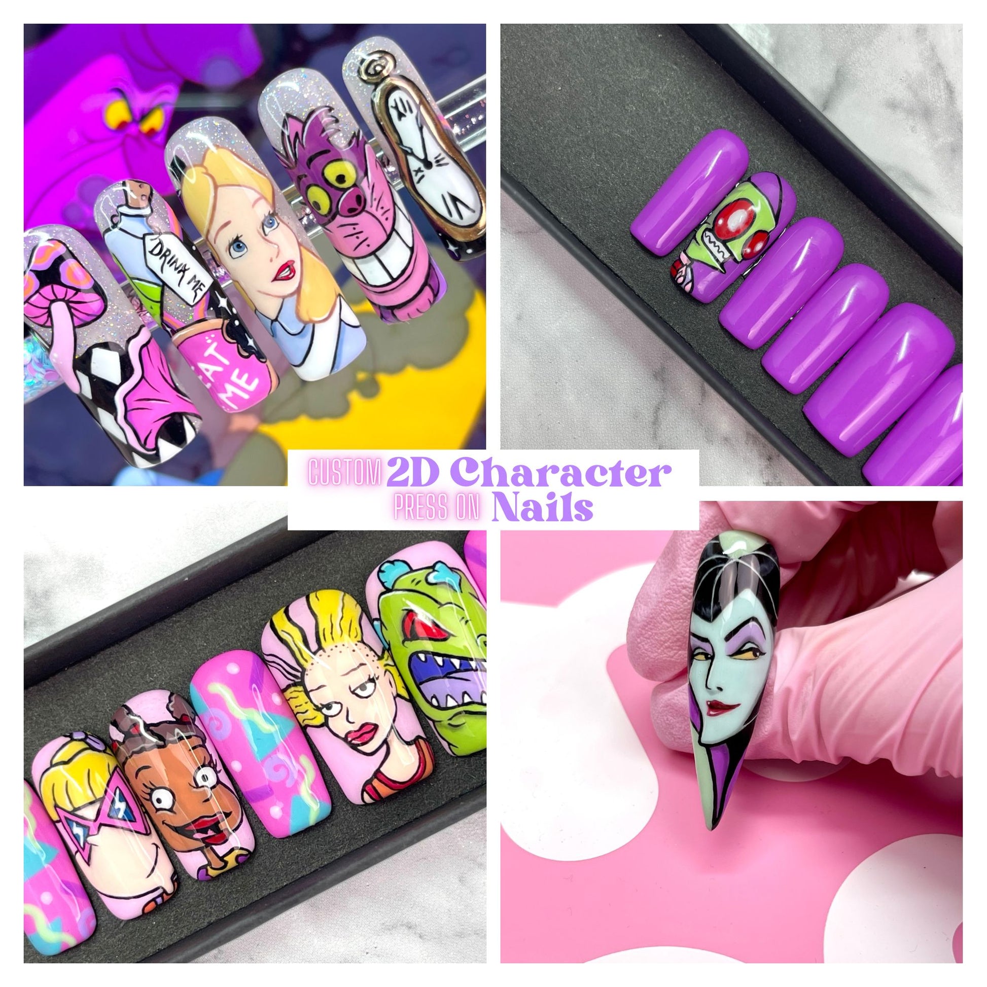 Custom character nail sets including Alice In Wonderland, Rugrats, Maleficent and Invader Zim