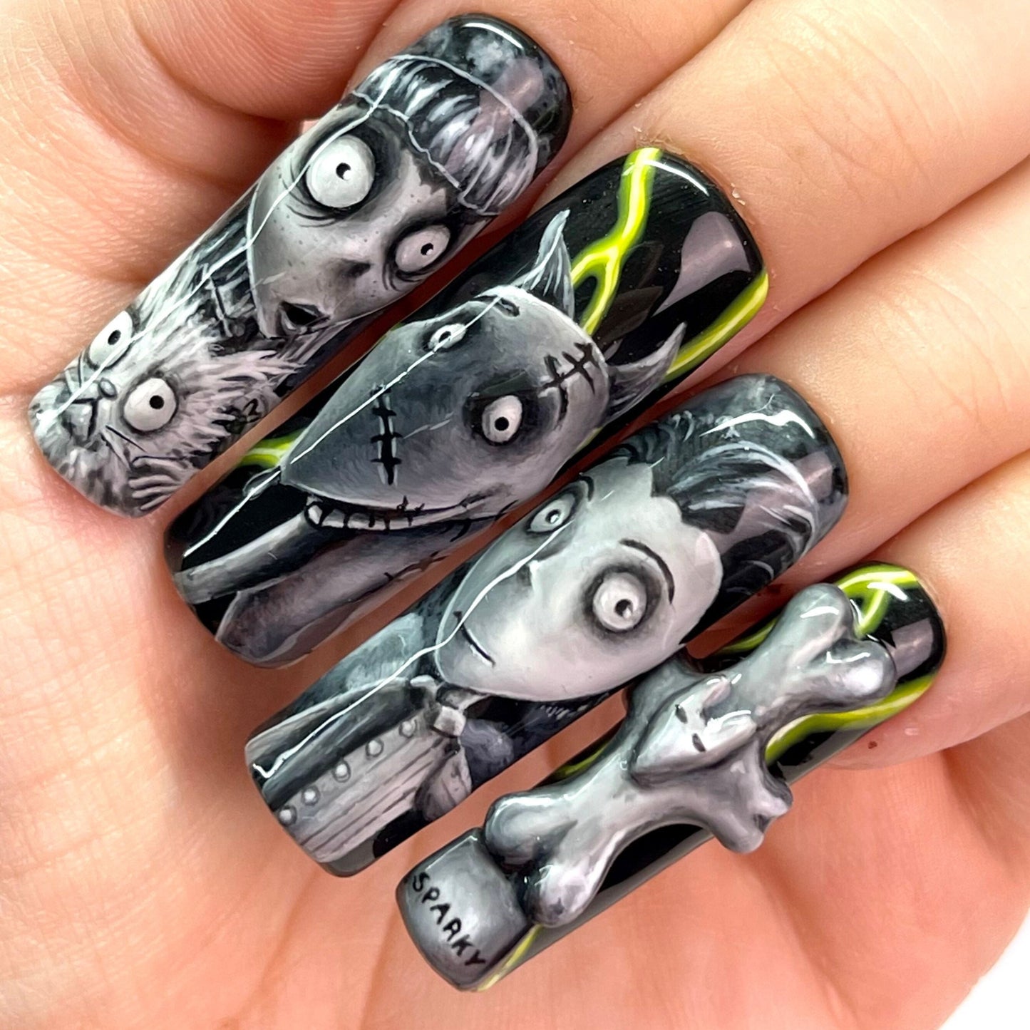 Hand painted Frankenweenie character press on nails