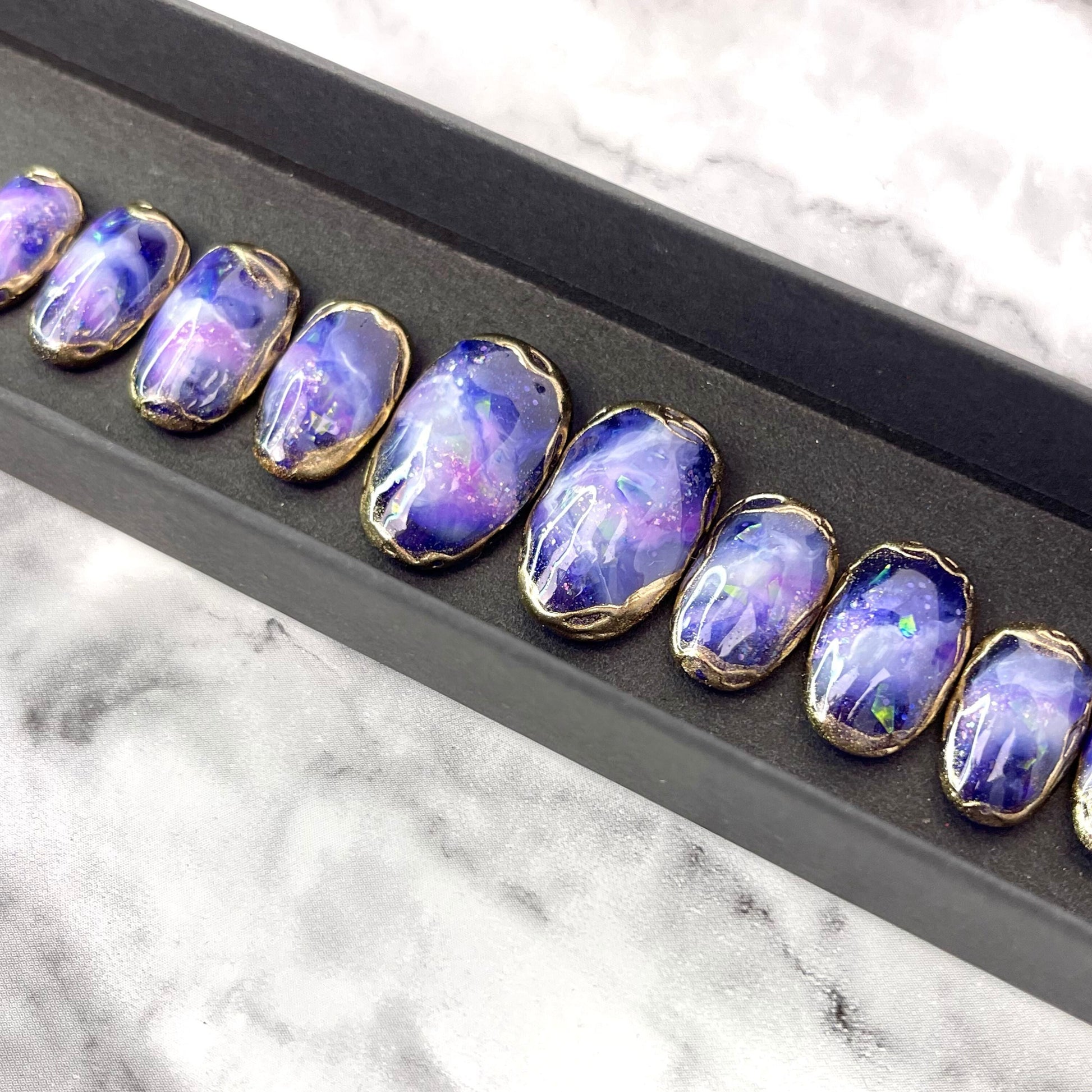 Galaxy inspired custom press on nails with glitter and chrome