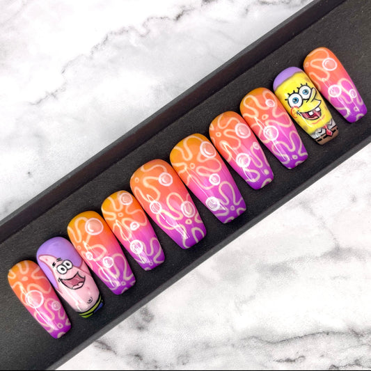 Hand painted Spongebob press on nails set in a black gift box