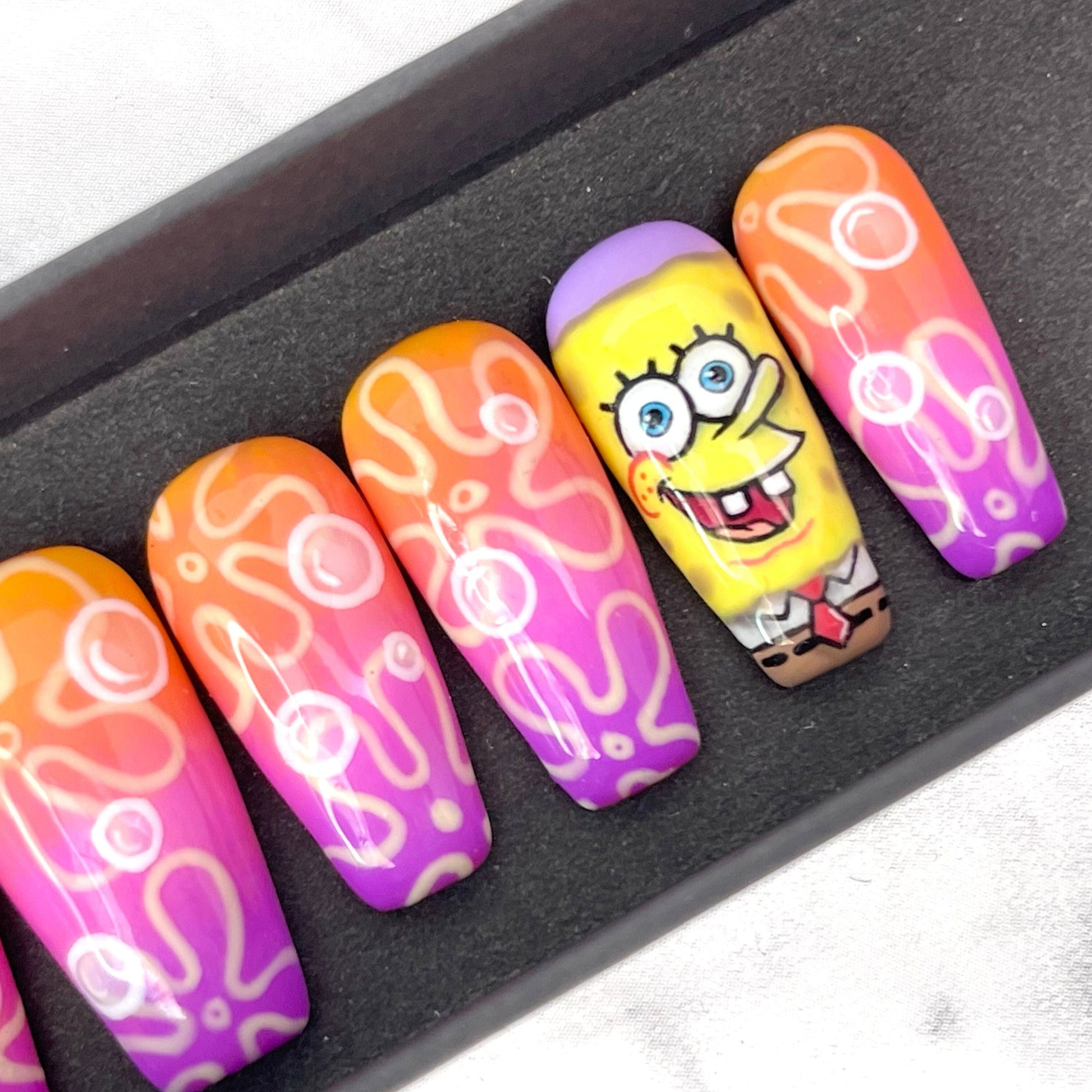 Hand painted Spongebob on coffin press on nails